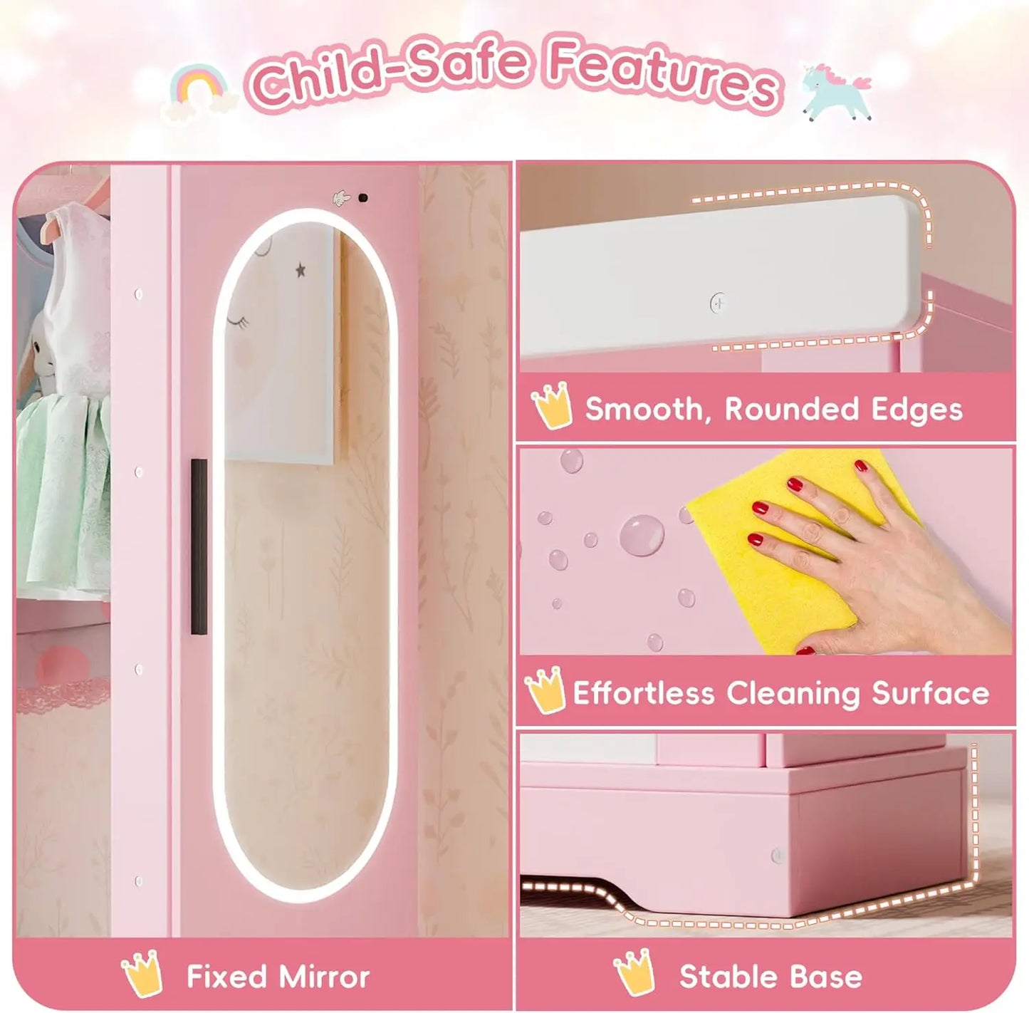 Kids Armoire With Jewelry Cabinet And Mirror Dress Up Wardrobe Pink - Happy Home Retreat