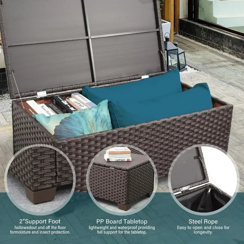 Patio Furniture Set 4 Pieces Outdoor Couch Chairs Coffee Table with Storage Peacock Blue No Slip - Happy Home Retreat