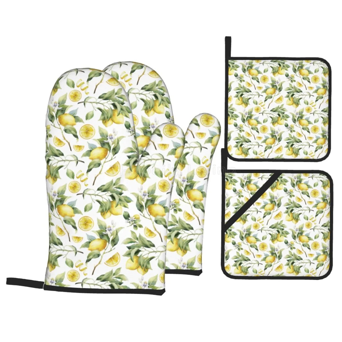 Bright Yellow Lemons Oven Mitts and Pot Holders Set of 4 Non-Slip Hot Pads for Cooking Baking Grilling - Happy Home Retreat