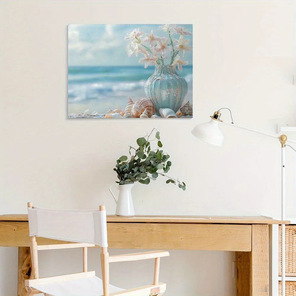 1PC Coastal Happiness Canvas Beach Scene with Flowers Starfish and Seashells for Living Room and Bedroom Wall Decoration - Happy Home Retreat