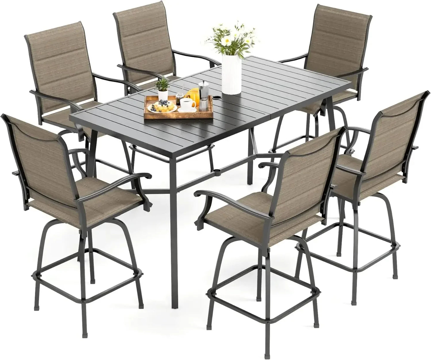 Patio Bar Set of 7 with Heavy Duty Metal Slat Bar Table and Sling Outdoor Bar Height Stools - Happy Home Retreat