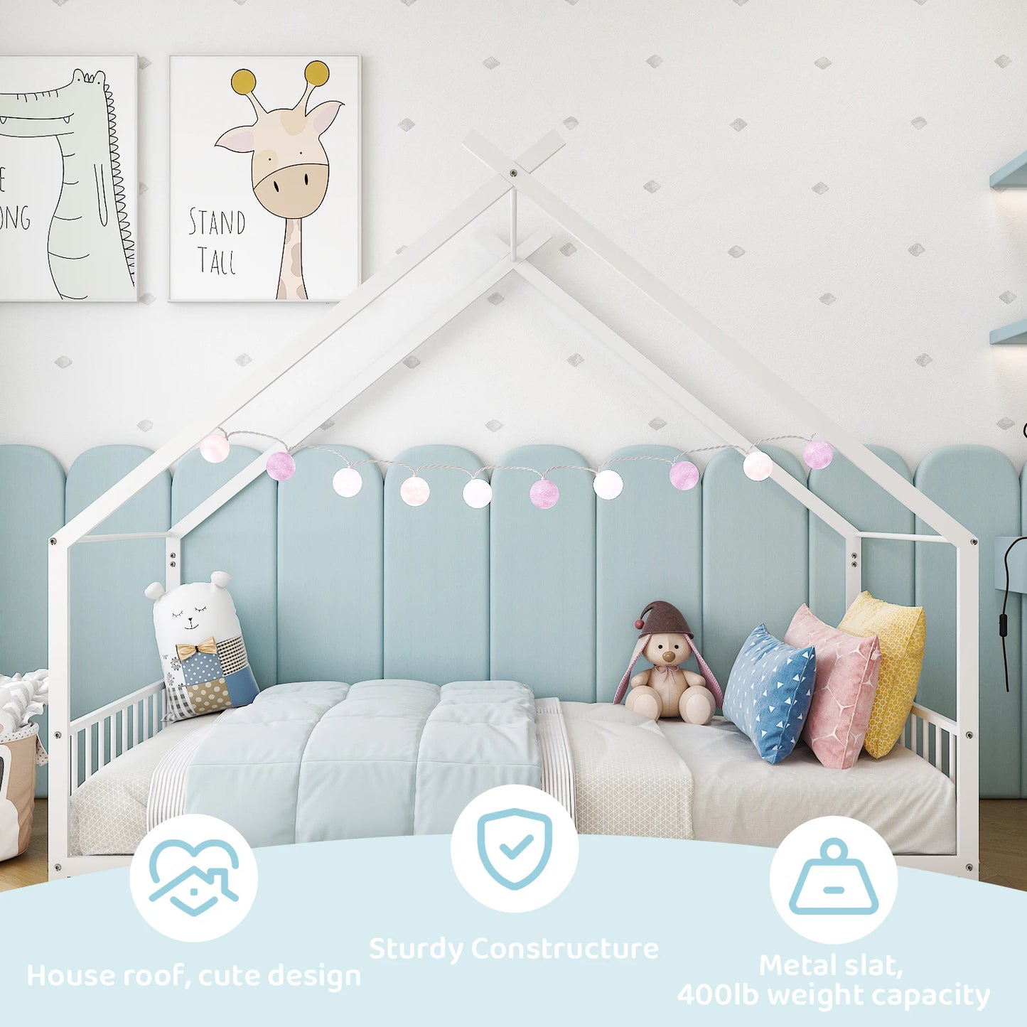 White Flat Bed House Shape Twin Children's Iron Bed With Side Guardrails - Happy Home Retreat