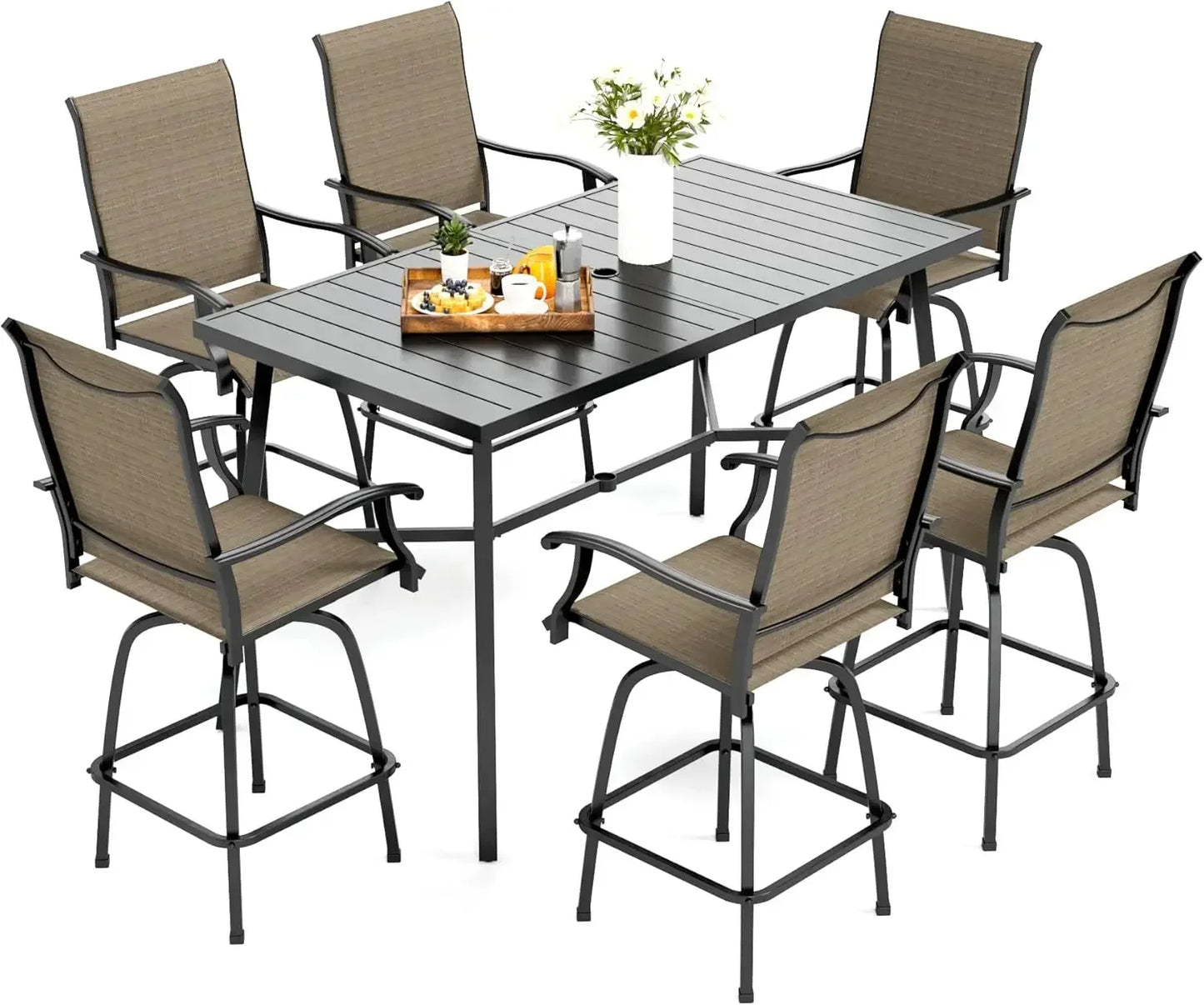Patio Bar Set of 7 with Heavy Duty Metal Slat Bar Table and Sling Outdoor Bar Height Stools - Happy Home Retreat