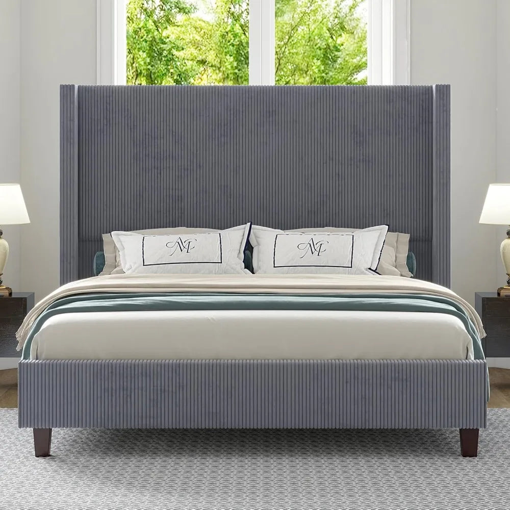Howe Queen Size 61 Inch Corduroy Upholstered Bed Frame Platform Bed with Vertical Stripe Wingback Headboard No Box Spring Needed - Happy Home Retreat