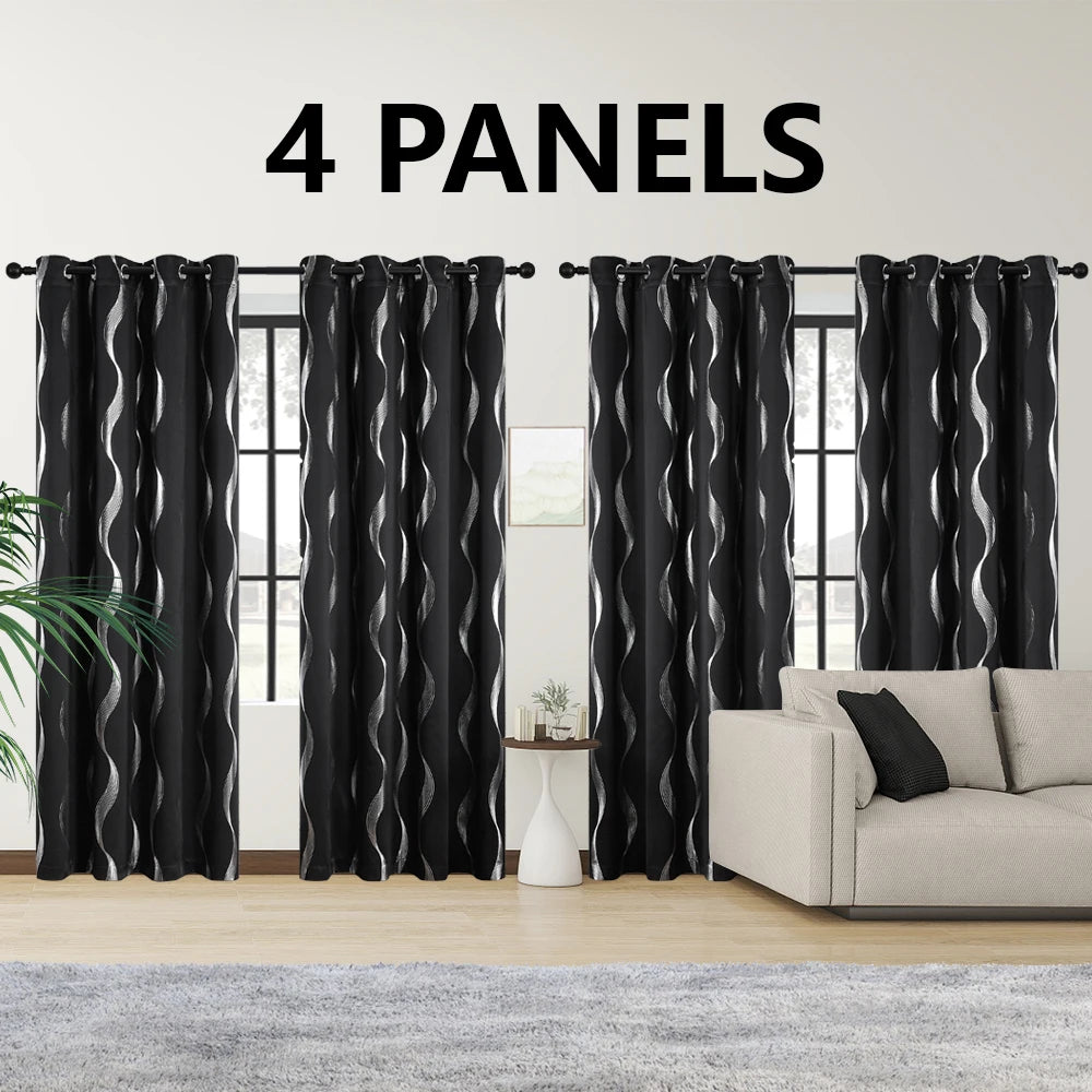 4 Pcs Blackout Curtains Grommet Thermal Insulated Room Darkening Wave Foil Printed For Bedroom - Happy Home Retreat