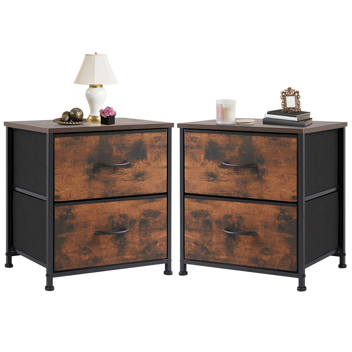 JHK Nightstand Bedside Table With Two Fabric Drawers For Bedroom Storage - Happy Home Retreat