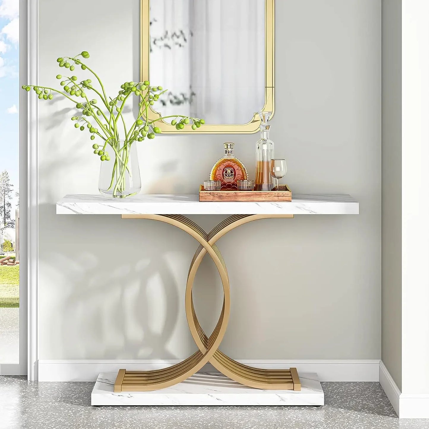 Tribesigns Gold Entryway Table Modern 39 Inch Console Faux Marble Narrow Wood Sofa with Geometric Metal Legs - Happy Home Retreat