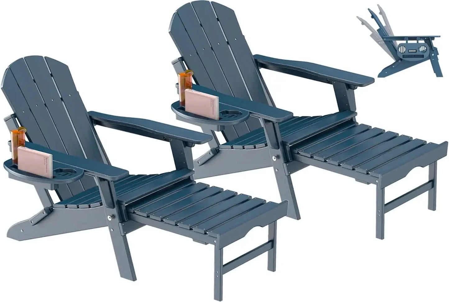 Adjustable Adirondack Chair Set of 2 with Retractable Footrest and Cup Holder Foldable Outdoor Furniture - Happy Home Retreat