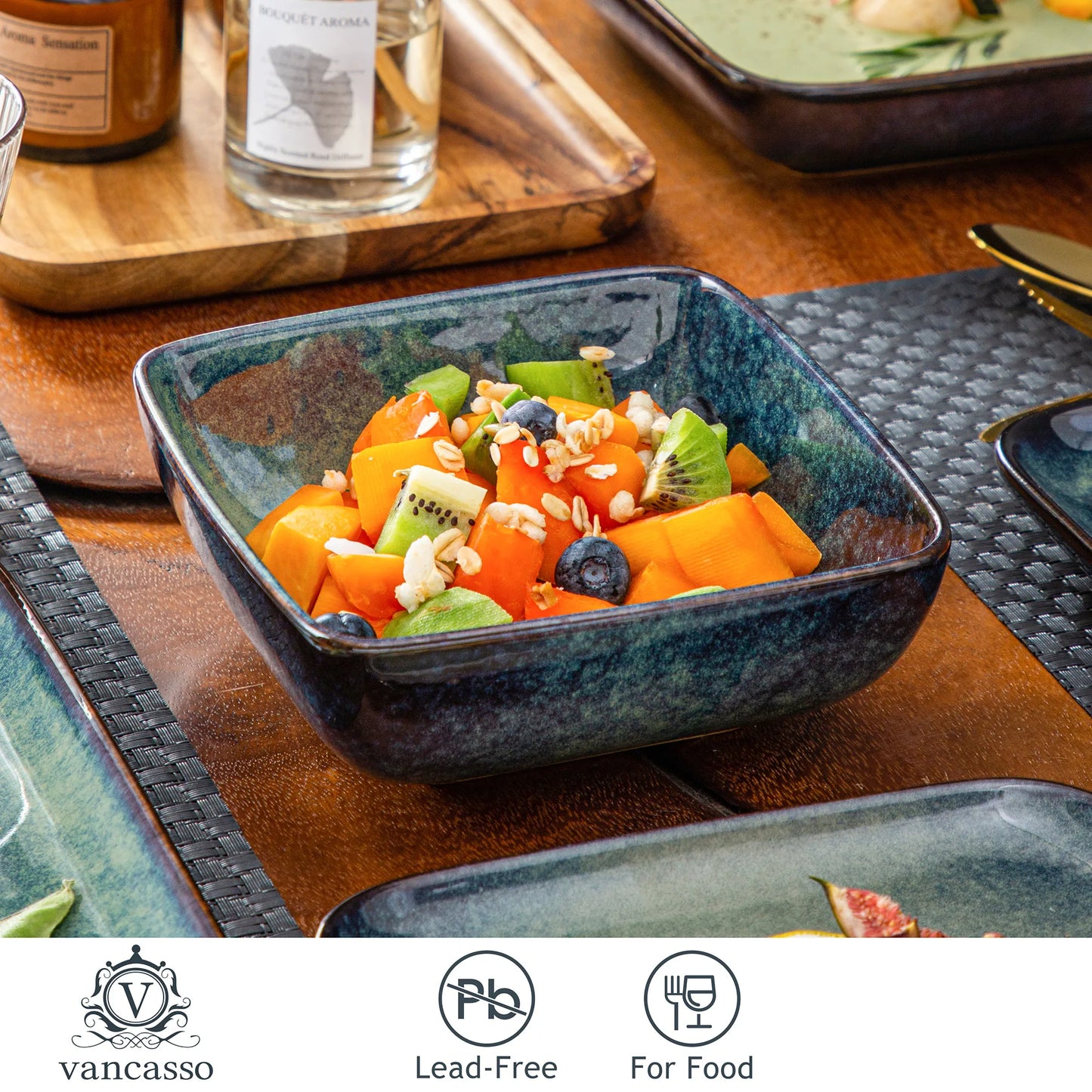 Vancasso Stern Dinner Set Green Square Kiln Change Glaze Tableware 16 Piece Kitchen Dinnerware Ceramic Crockery Set for Four Persons - Happy Home Retreat
