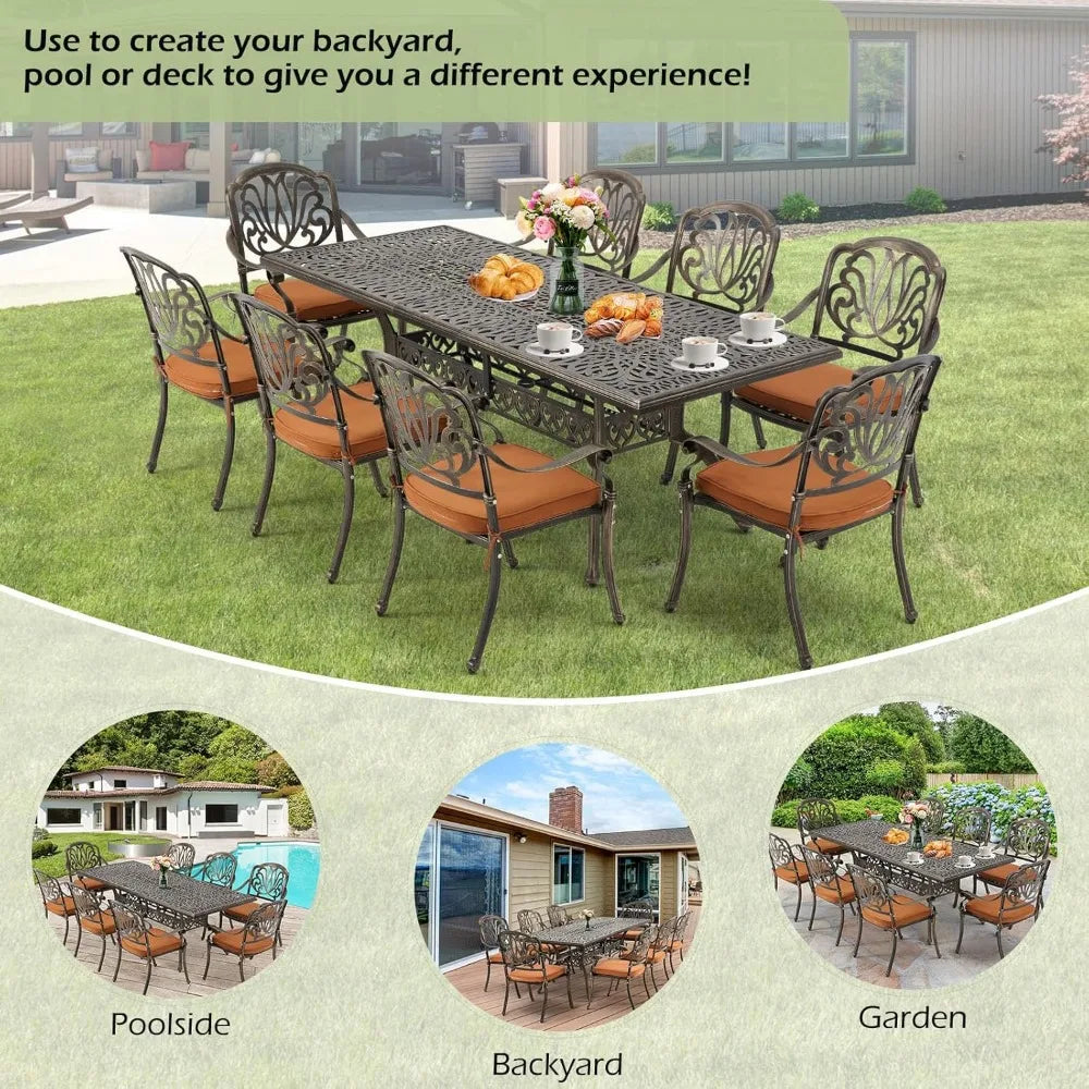 Hi End All Aluminum Patio Furniture Set 9 Piece Outdoor Dining Set with 8 Cushioned Dining Chairs Metal Patio Furniture Set - Happy Home Retreat