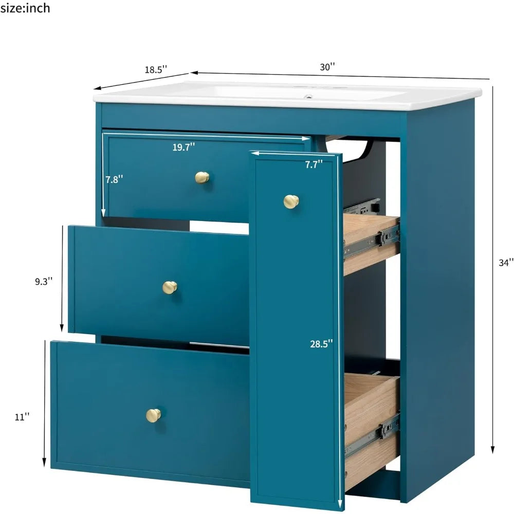 30 Inch Bathroom Vanity with Ceramic Sink, Modern Bathroom Storage Cabinet with 2 Drawers and 1 Pull-Out Cabinet, Freestanding B - Happy Home Retreat