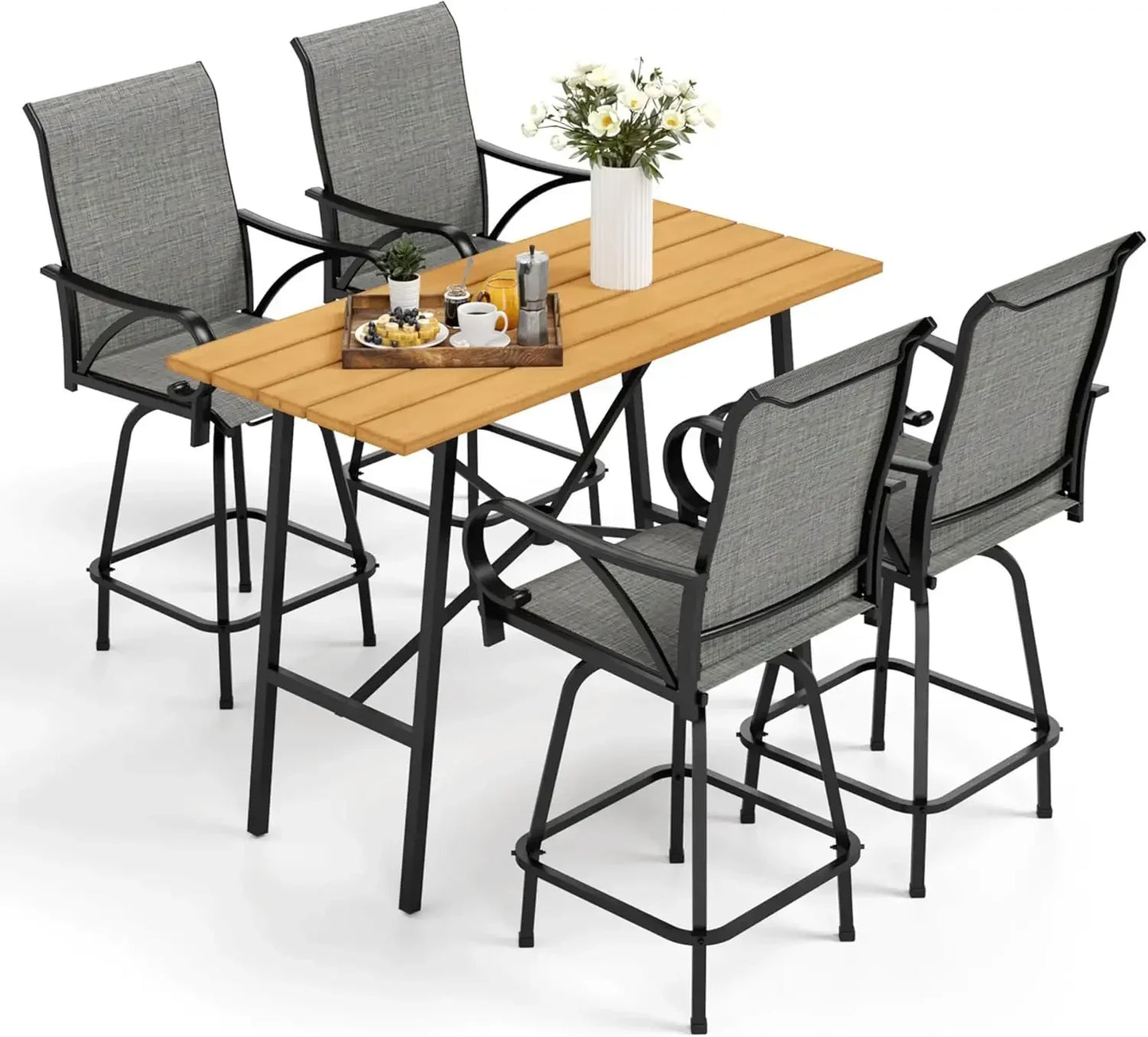 Patio Bar Set of 7 with Heavy Duty Metal Slat Bar Table and Sling Outdoor Bar Height Stools - Happy Home Retreat