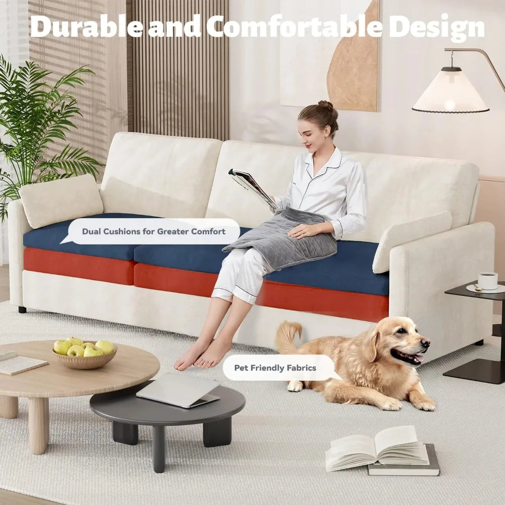 89" Sofa Couch for Living Room 3 Seats Chenille Futon Sofa with 2 Removable Pillows, Cream White - Happy Home Retreat
