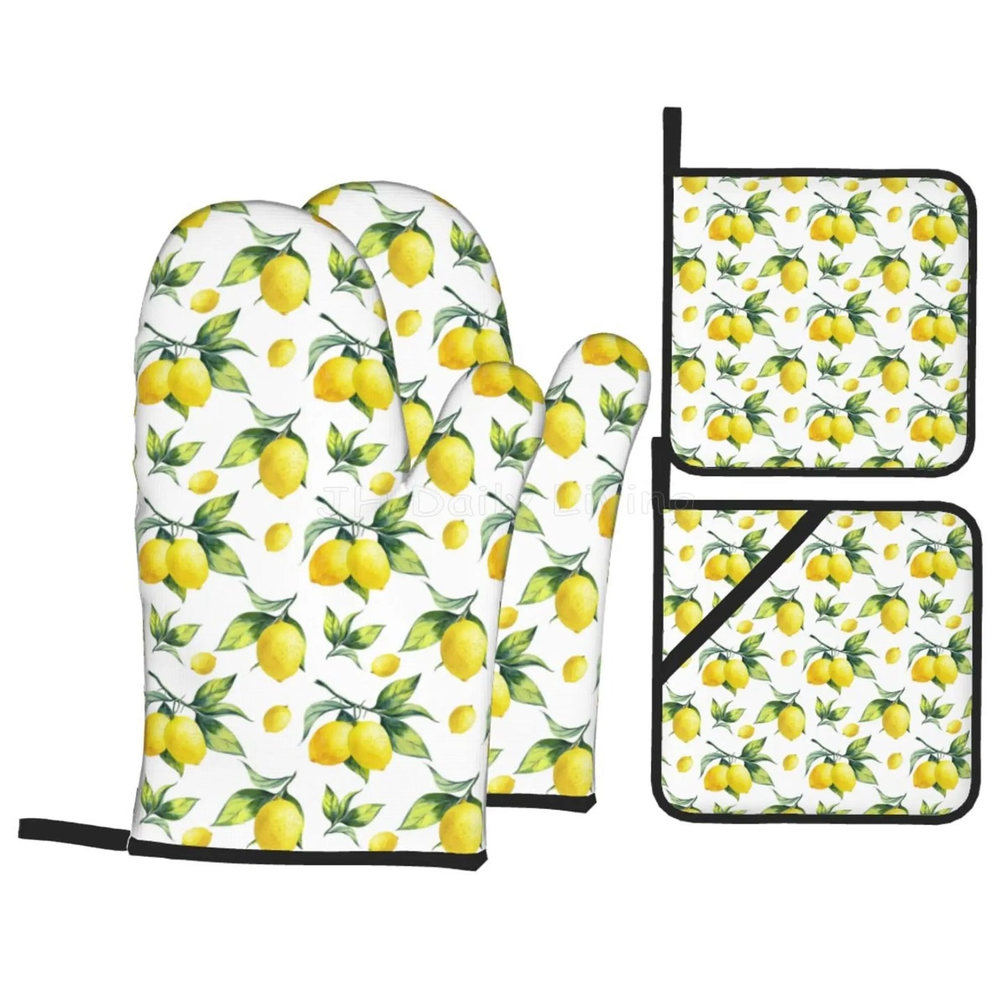 Bright Yellow Lemons Oven Mitts and Pot Holders Set of 4 Non-Slip Hot Pads for Cooking Baking Grilling - Happy Home Retreat