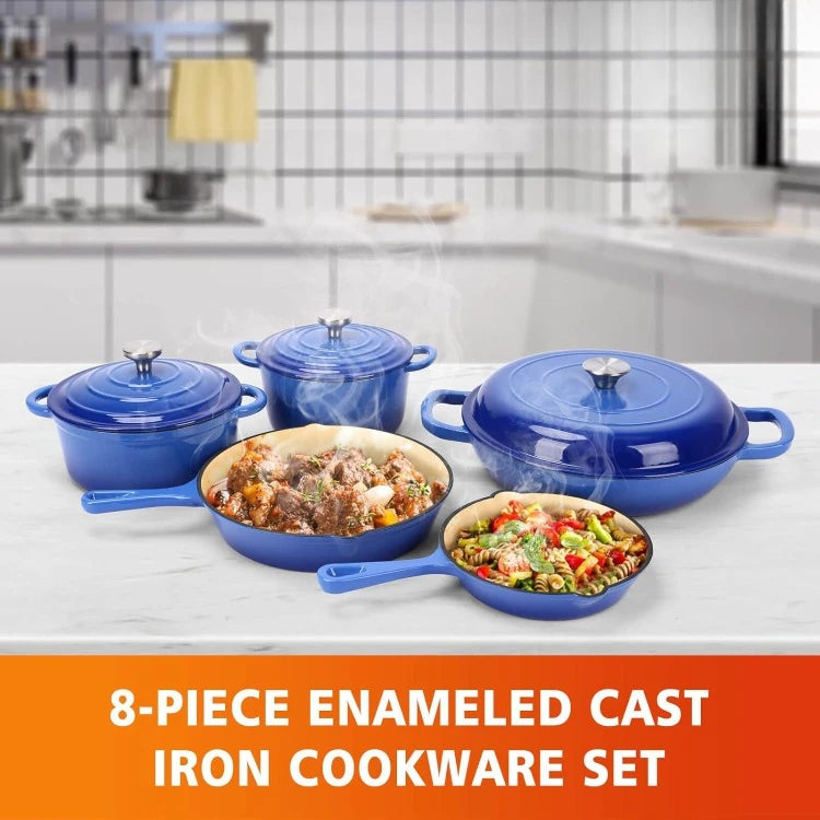 Enameled Cast Iron Cookware Set, 8 Piece of Casserole, Dutch Ovens, Skillet and 3 Lids, Ceramic Coated Cast Iron Dutch O - Happy Home Retreat