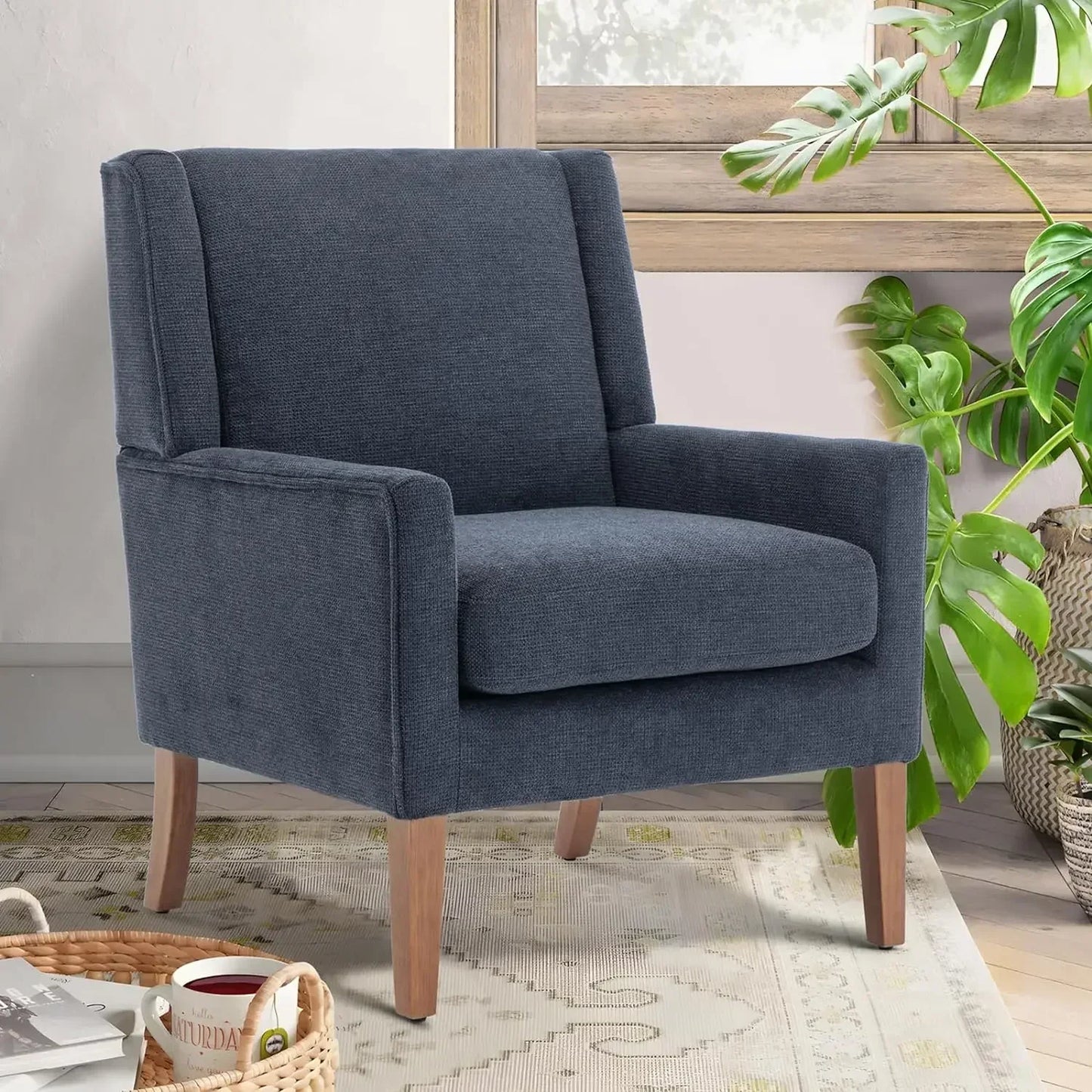 Modern Wingback Living Room Chair Upholstered Fabric Accent Armchair Single Sofa Chair With Lounge Seat And Wood Legs - Happy Home Retreat