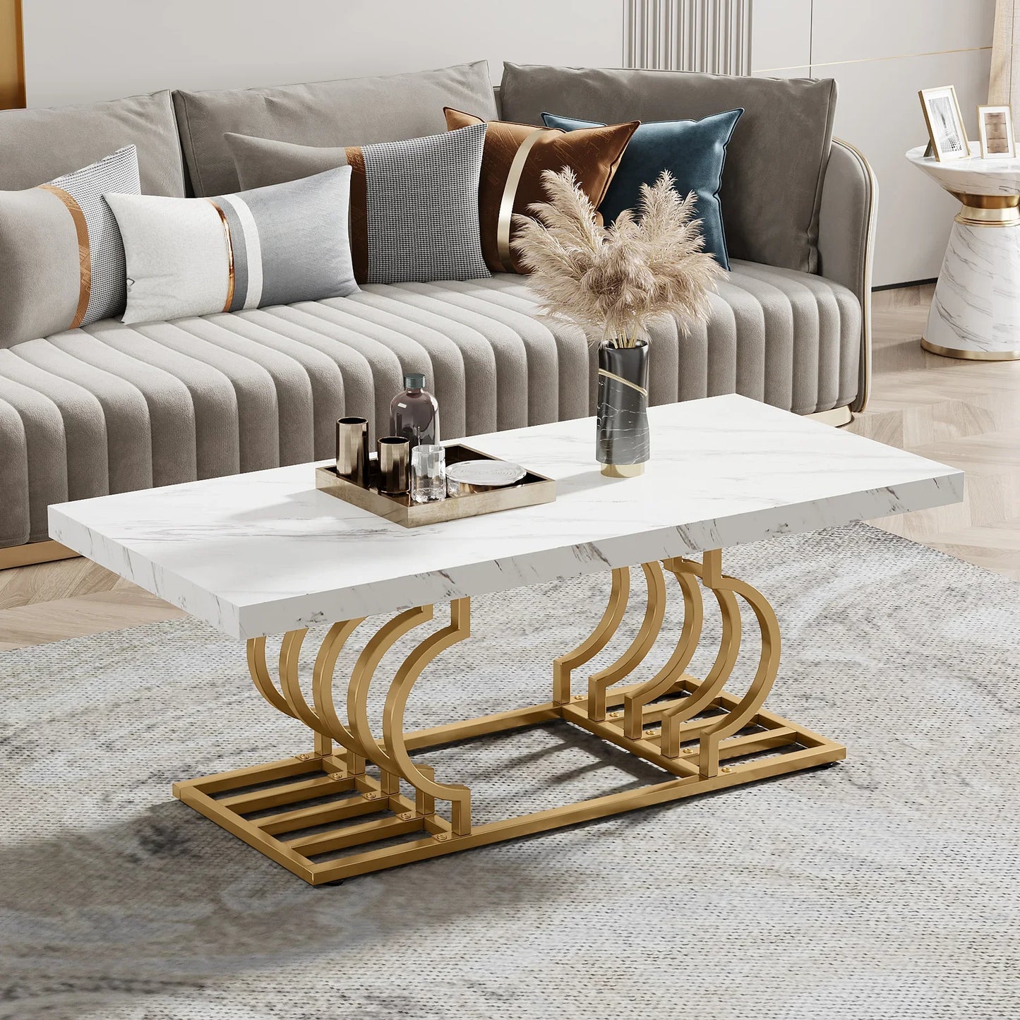 Tribesigns Coffee Table 47 Inches Faux Marble Cocktail Table with Geometric Frame - Happy Home Retreat