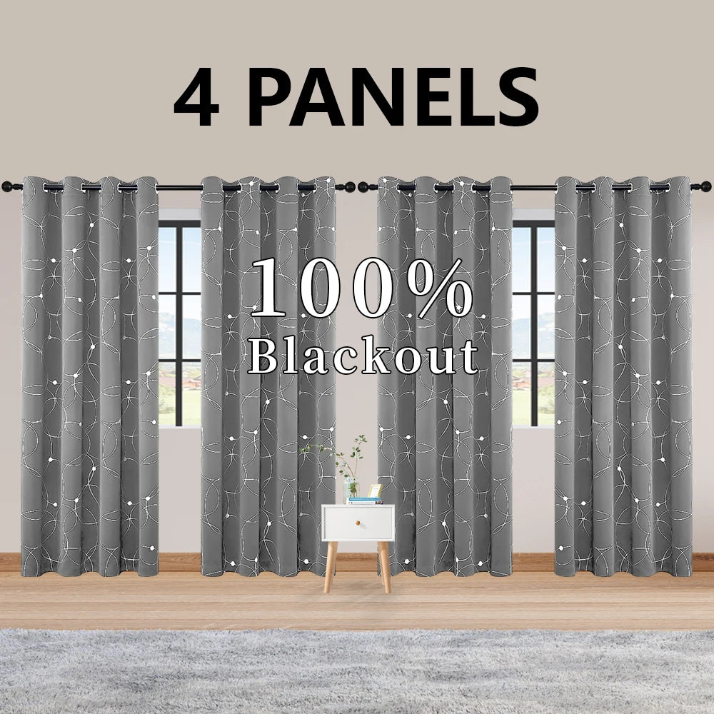 4PCS Blackout Curtains Grommet Thermal Insulated Room Darkening with Circle and Dots Foil Printed for Bedroom - Happy Home Retreat