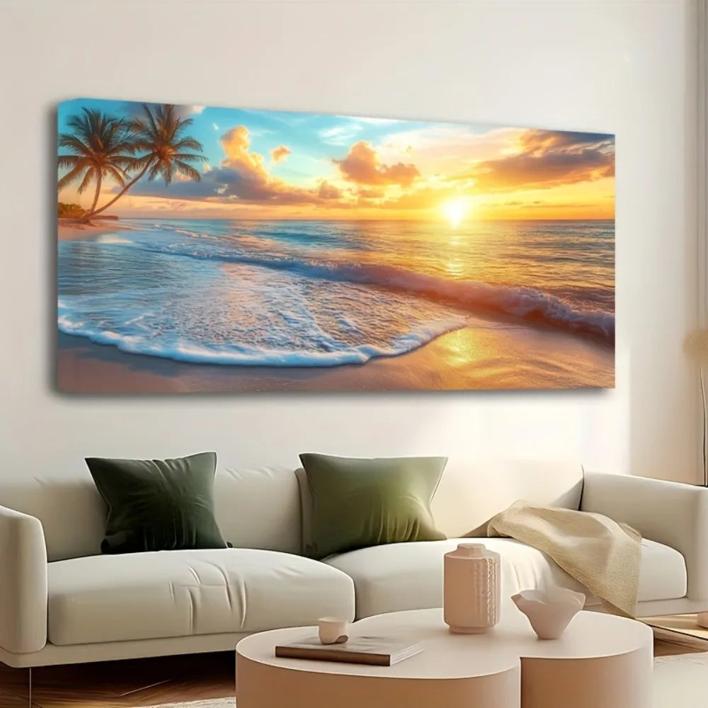 1.5 Inch Thick Pine Solid Wood Frame Natural Scenery Canvas Mural Ocean Sunset Coast Beach Picture Wall Decoration - Happy Home Retreat