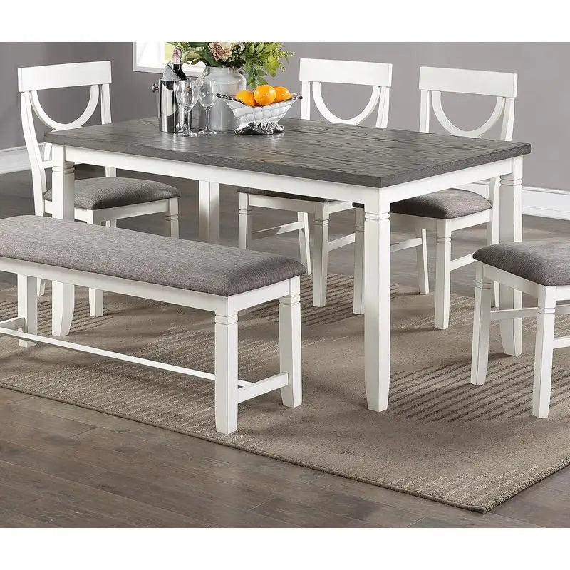White 6 Piece Dining Set Table Four Side Chairs And Bench Rubberwood MDF - Happy Home Retreat