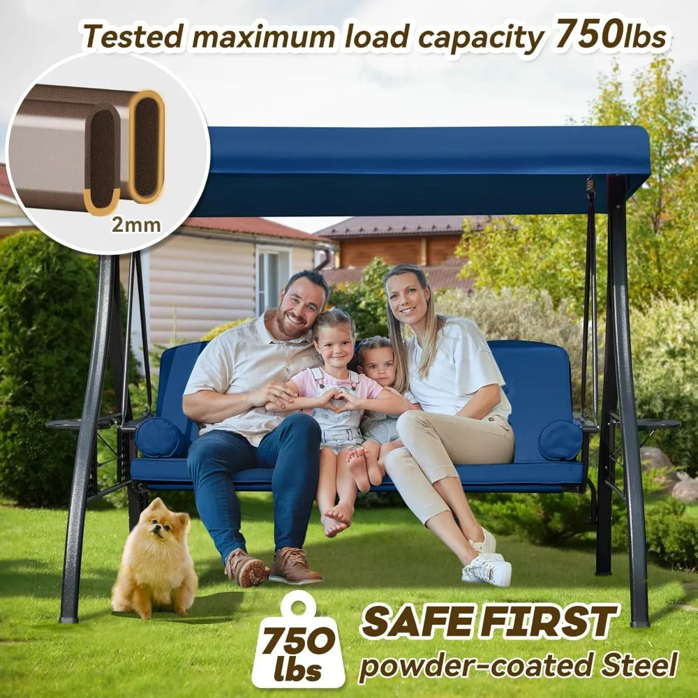 3 in 1 Outdoor Porch Swing with Adjustable Canopy and Thick Cushions for 3 Seats with Pillows and Cup Holders for Backyard and Garden - Happy Home Retreat