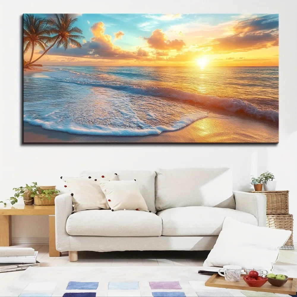 1.5 Inch Thick Pine Solid Wood Frame Natural Scenery Canvas Mural Ocean Sunset Coast Beach Picture Wall Decoration - Happy Home Retreat