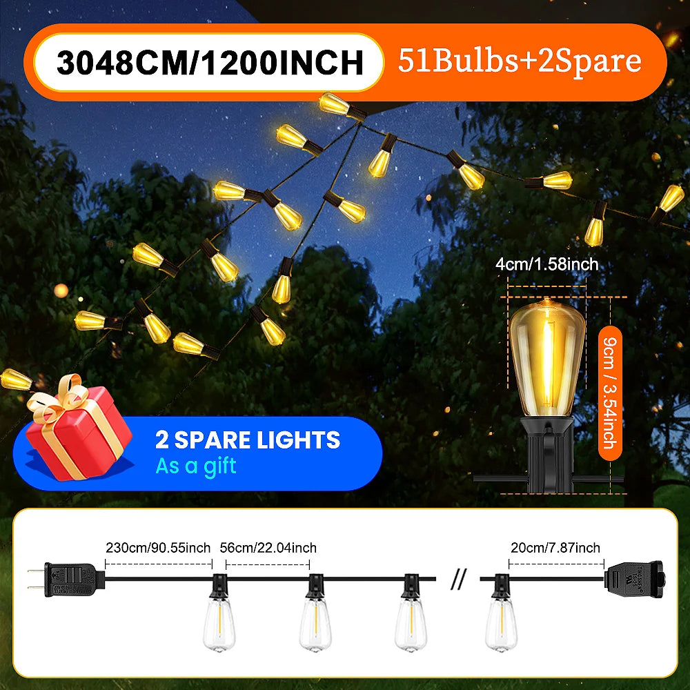 ST38 LED Outdoor Patio String Lights With US Plug Shatterproof Bulb Waterproof Hanging Lamp Connectable for Porch Backyard - Happy Home Retreat
