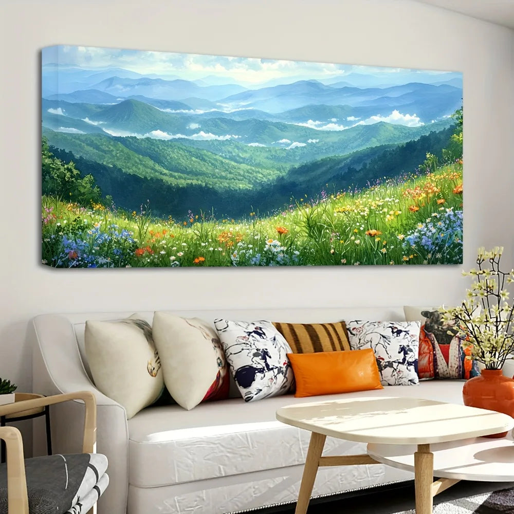1.5 Inch Thick Pine Solid Wood Frame Forest Mural Landscape Modern Indigo Green Mountain Fog Art - Happy Home Retreat