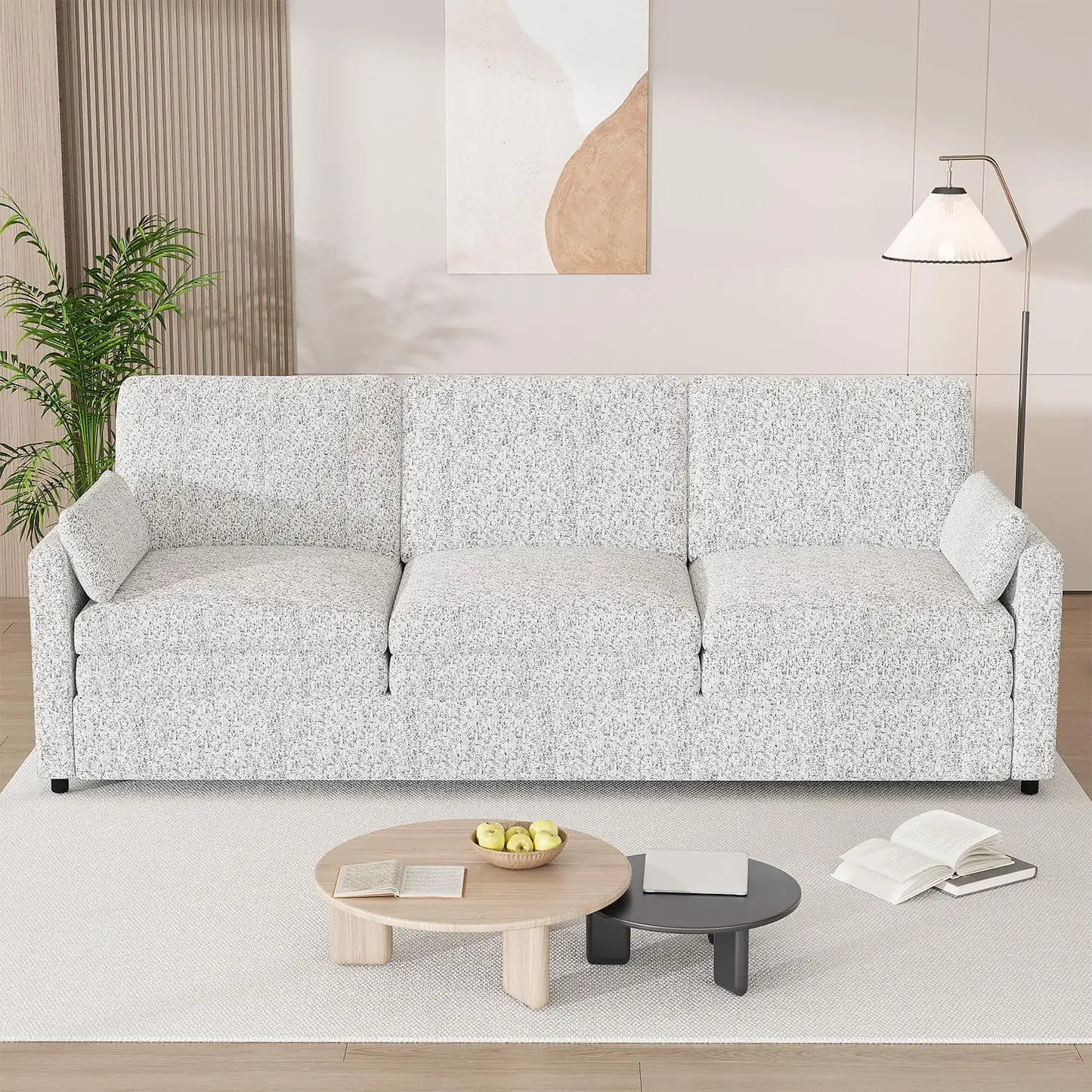 89" Sofa Couch for Living Room 3 Seats Chenille Futon Sofa with 2 Removable Pillows, Cream White - Happy Home Retreat
