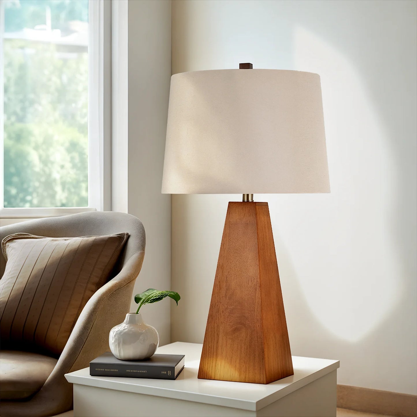 29'' Large Wood Table Lamp With Beige Linen Shade, Mid Century Modern Walnut Desk Lamp, For Living Room, Bedroom, Home Office - Happy Home Retreat
