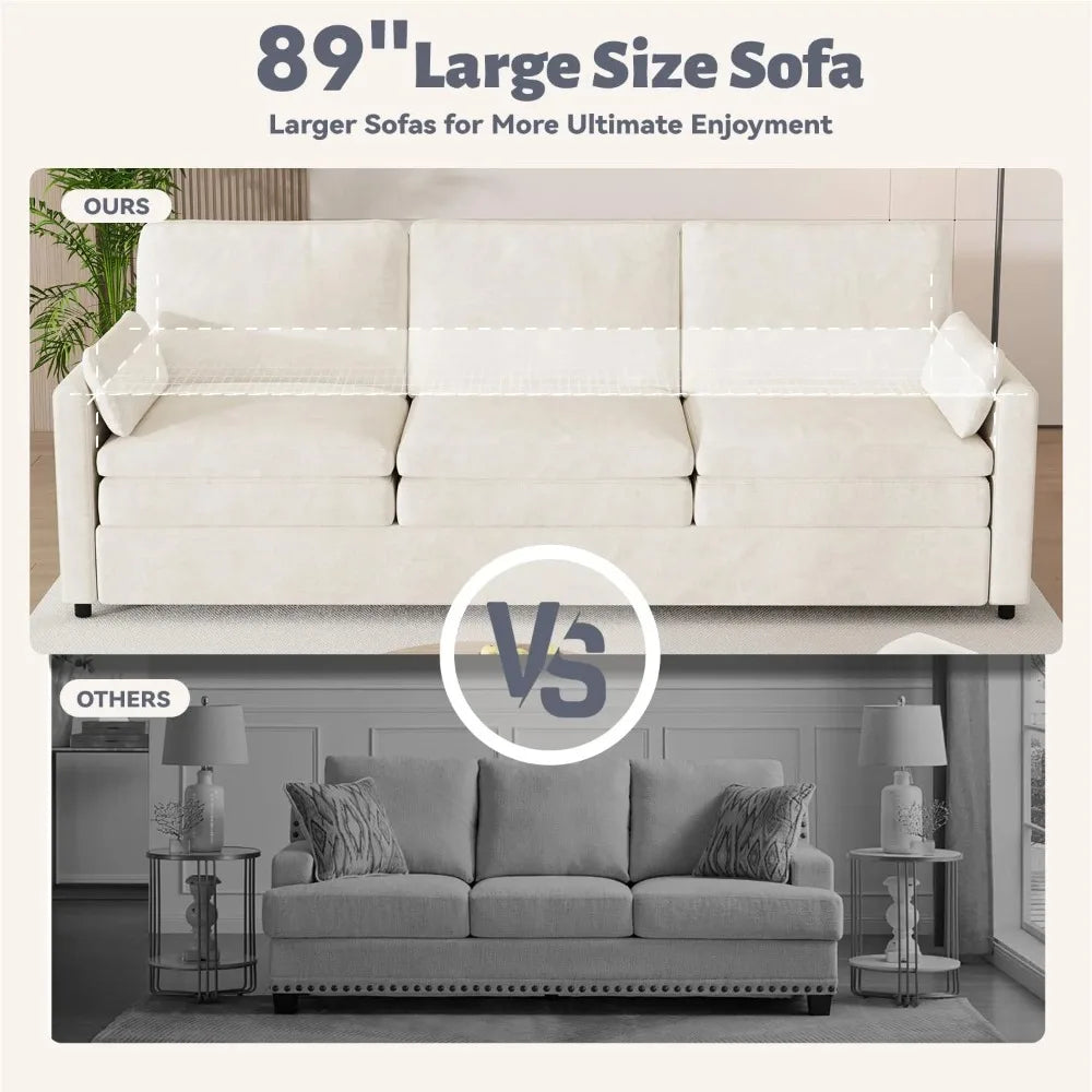 89" Sofa Couch for Living Room 3 Seats Chenille Futon Sofa with 2 Removable Pillows, Cream White - Happy Home Retreat