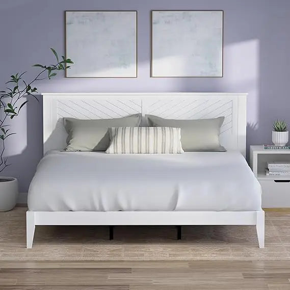 Serene Farmhouse Style King Size Wood Bed Frame with Horizontal Scoring Headboard Coastal Modern Design Sturdy Easy Assembly - Happy Home Retreat