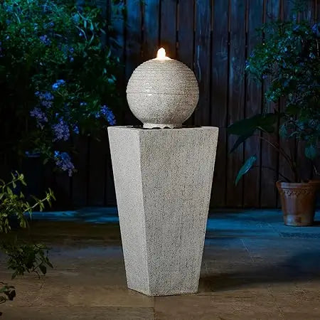 Ceramic Outdoor Water Fountain With LED Light Oversized Artichoke Pedestal Water Fountain With Submersible Pump Patio Fountain - Happy Home Retreat
