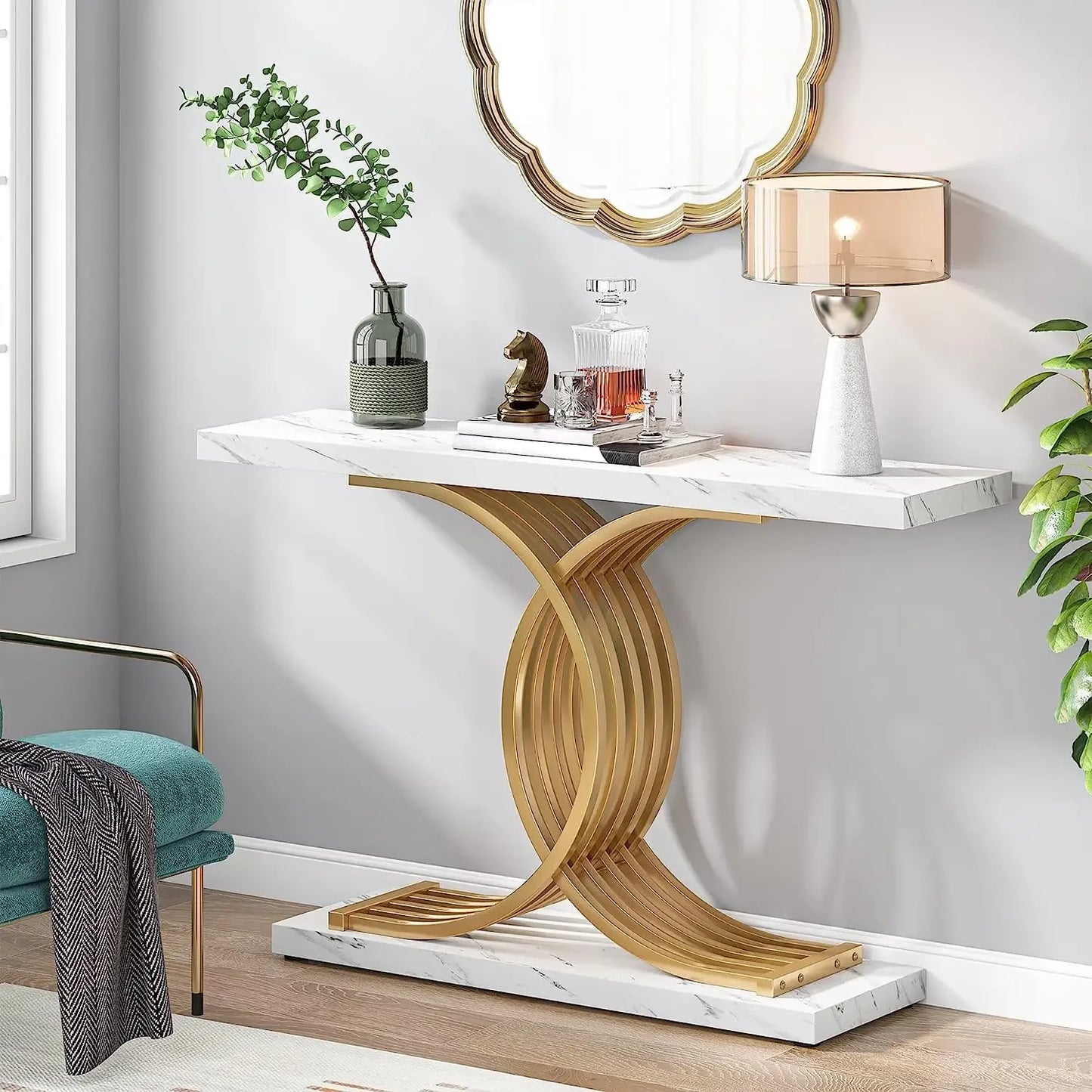 Tribesigns Gold Entryway Table Modern 39 Inch Console Faux Marble Narrow Wood Sofa with Geometric Metal Legs - Happy Home Retreat
