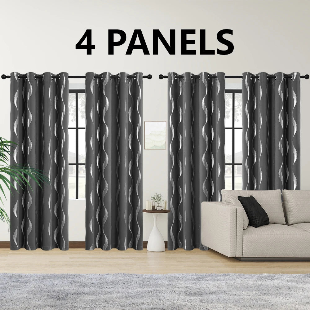 4 Pcs Blackout Curtains Grommet Thermal Insulated Room Darkening Wave Foil Printed For Bedroom - Happy Home Retreat