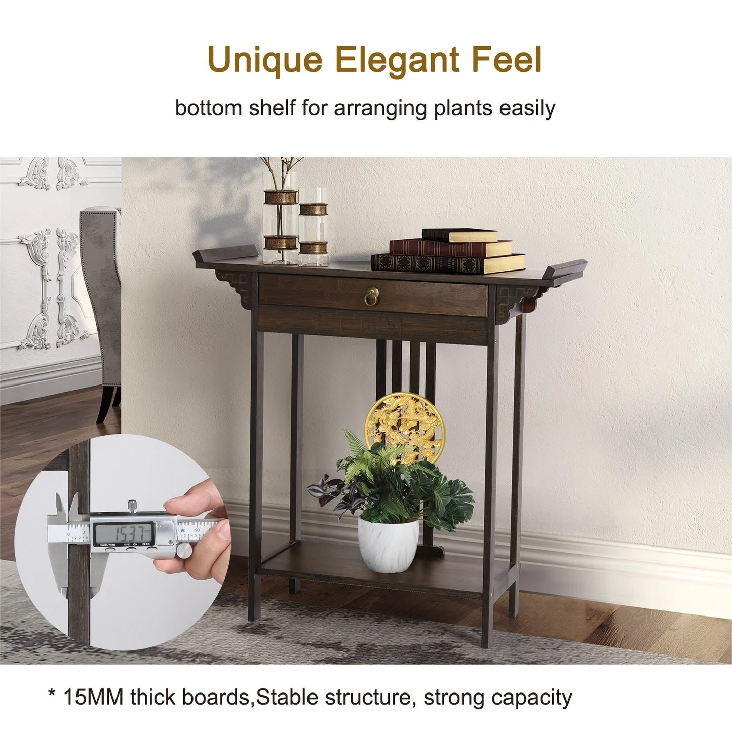 Rustic Brown Bamboo Console Table With Drawer And Shelf For Entryway Hallway - Happy Home Retreat