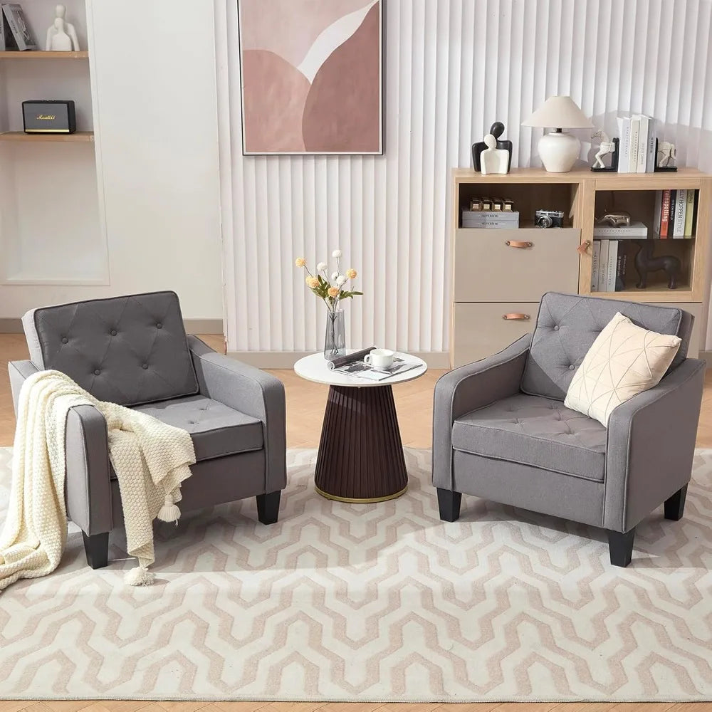 Living Room Accent Chairs Set of 2 Tufted Armchairs Comfy Reading Chairs for Bedroom and Office - Happy Home Retreat