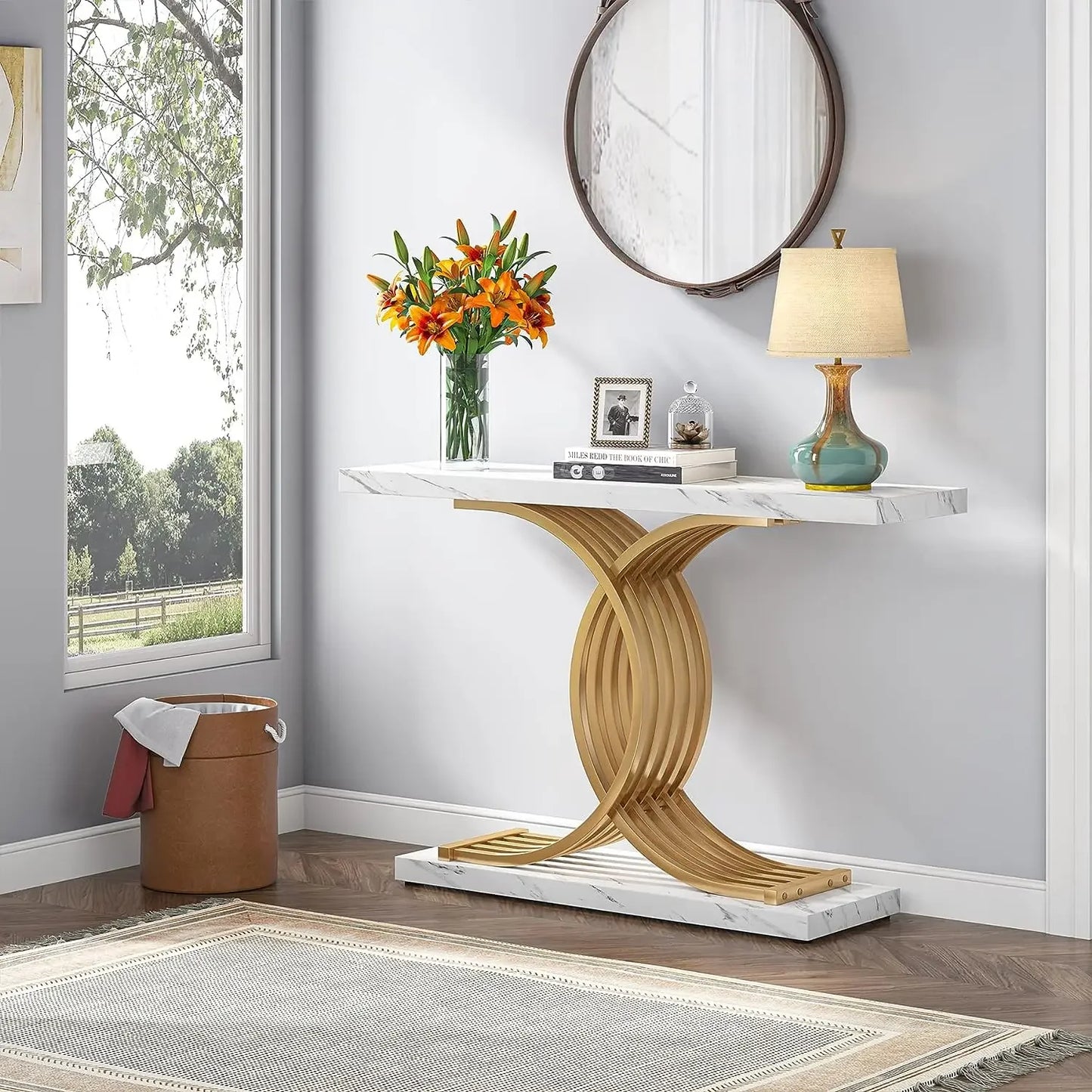 Tribesigns Gold Entryway Table Modern 39 Inch Console Faux Marble Narrow Wood Sofa with Geometric Metal Legs - Happy Home Retreat