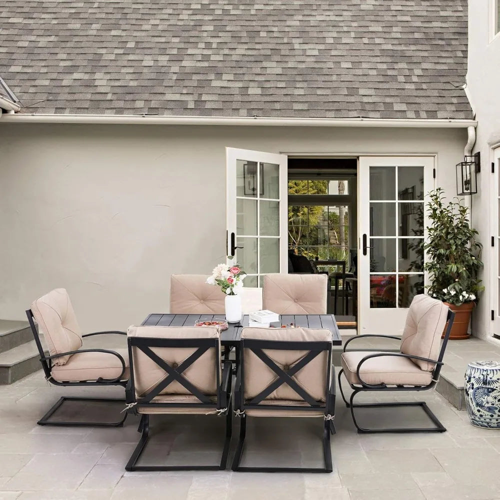 Patio Dining Set 7-Piece Metal Outdoor Table Furniture Set with 2.6 Inch Umbrella Hole and Cushioned Chairs - Happy Home Retreat