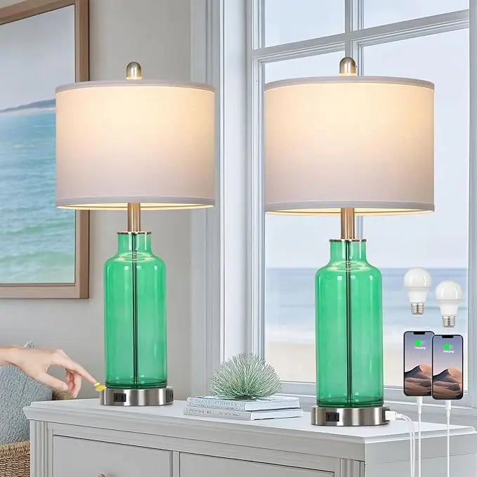 26 Coastal Glass Table Lamps Set of 2 3 Way Dimmable Touch Lamps with USB Ports and AC Outlet Nautical Bedside Lamps for Bedroom - Happy Home Retreat