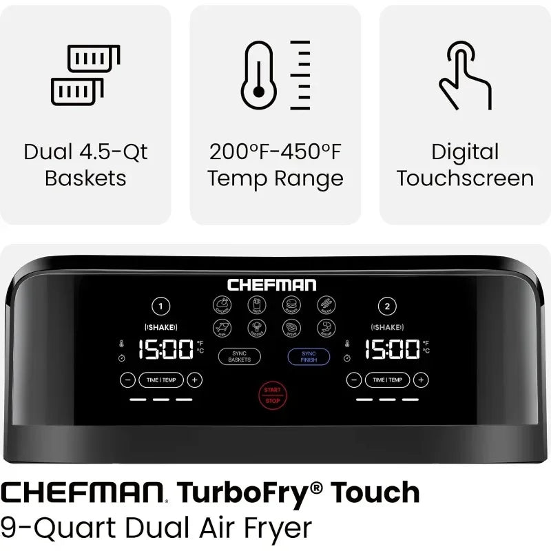Chefman 6 Quart Dual Basket Air Fryer Digital Touchscreen Smart Sync Finish Hi Fry Auto Shutoff 2 Independent 3QT Nonstick - Happy Home Retreat