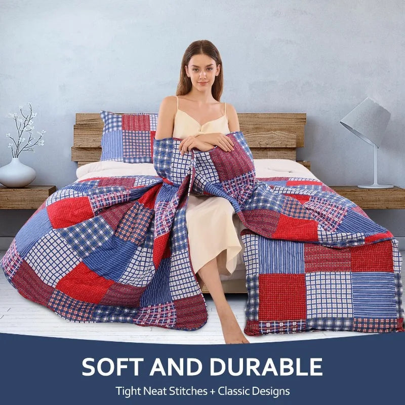Plaid Quilt Set Queen Bedspread Coverlet Red Blue White Patchwork Soft Lightweight Bedding with 2 Pillow Shams - Happy Home Retreat