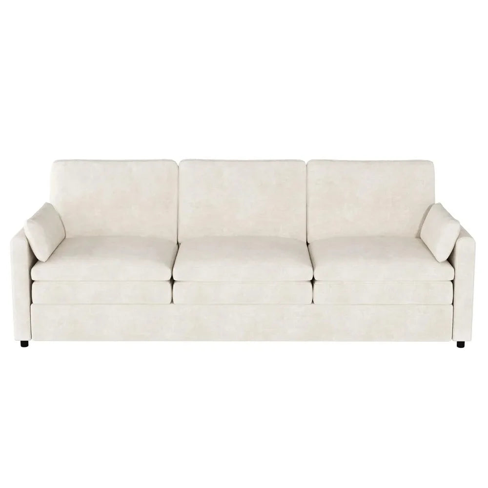 89" Sofa Couch for Living Room 3 Seats Chenille Futon Sofa with 2 Removable Pillows, Cream White - Happy Home Retreat