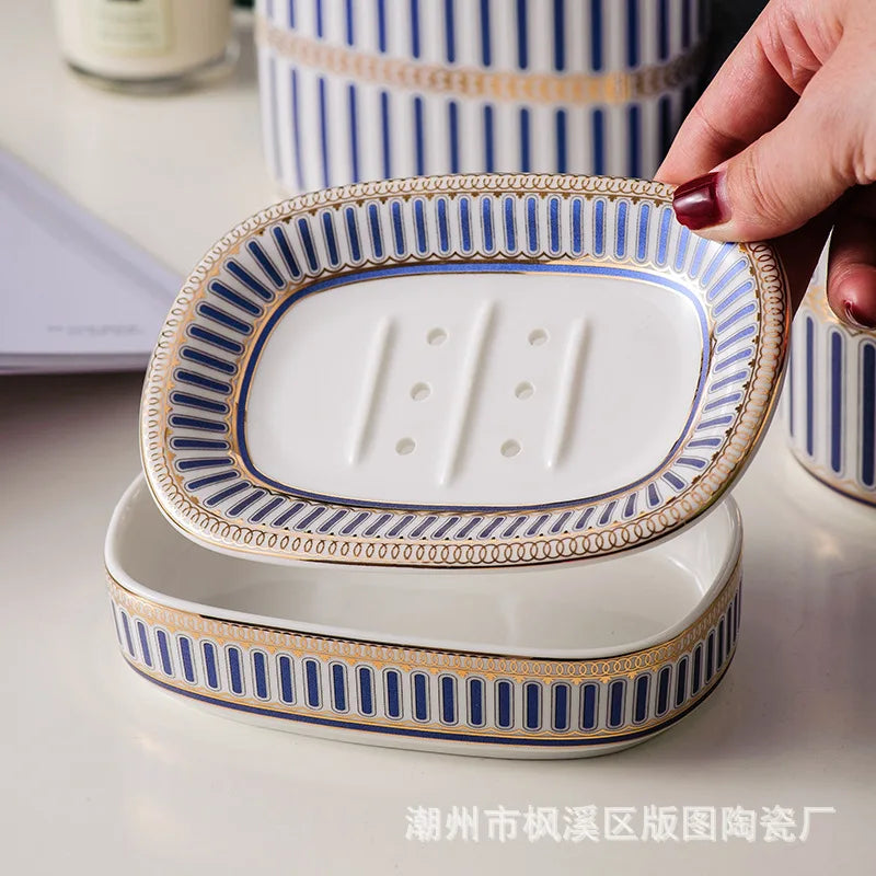 Bathroom Ceramic Five Piece Set Portable Soap Dispenser Mouthwash Cup Bathroom Accessories Set - Happy Home Retreat