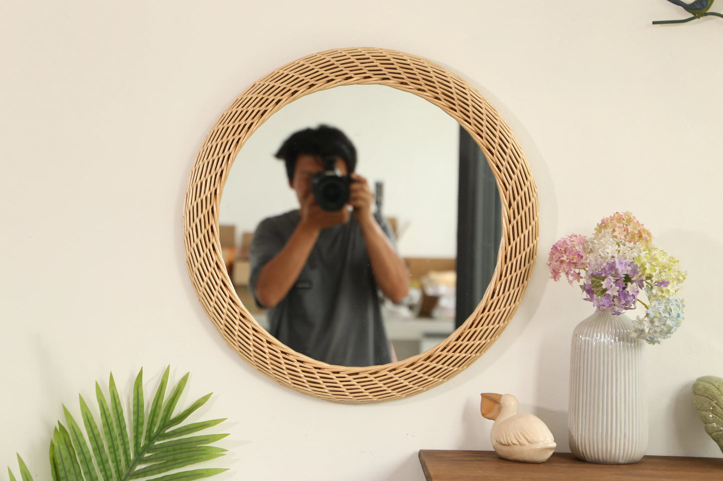 Nordic Rattan Wall Mirror Handwoven Boho Vanity Decor Rustic Living Room - Happy Home Retreat