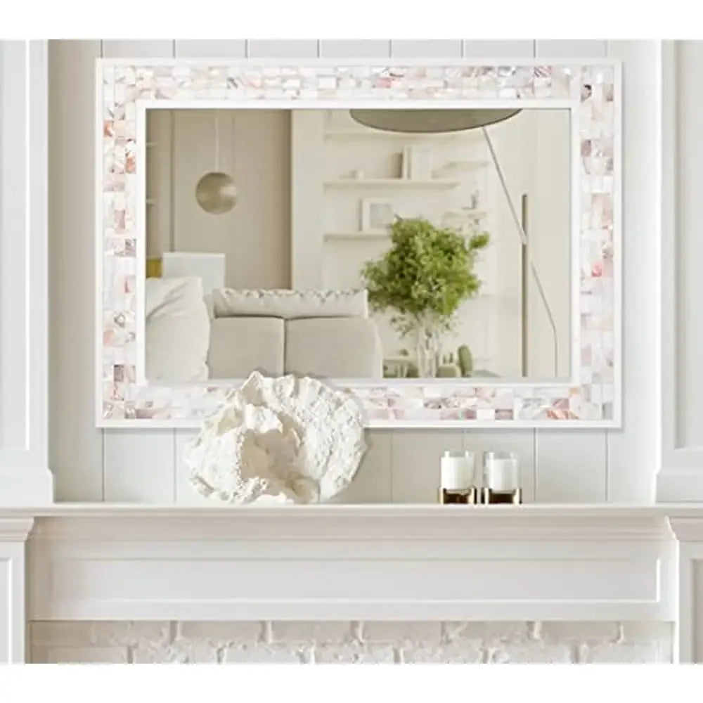 Rectangle Mother of Pearl Framed Wall Mirror 20x28 Inches Tempered Glass Coastal Style for Bathroom Bedroom Living Room Entryway - Happy Home Retreat