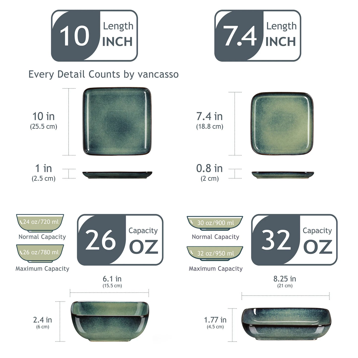 Vancasso Stern Dinner Set Green Square Kiln Change Glaze Tableware 16 Piece Kitchen Dinnerware Ceramic Crockery Set for Four Persons - Happy Home Retreat