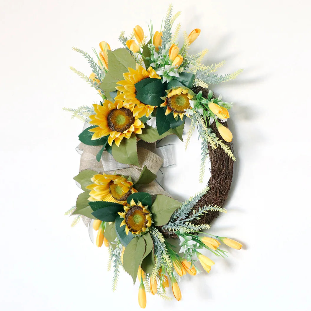 22 Inch Artificial Sunflower Wreath for Front Door Summer Decor with Burlap Bow and Leaves - Happy Home Retreat