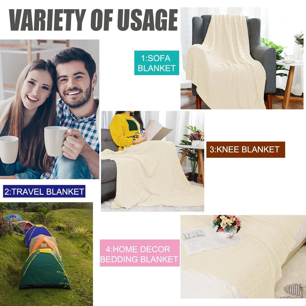Cotton Knitted Decorative Throw Blanket Soft Warm Breathable Couch Sofa Bed Classic Cable Design Machine Washable Gift - Happy Home Retreat