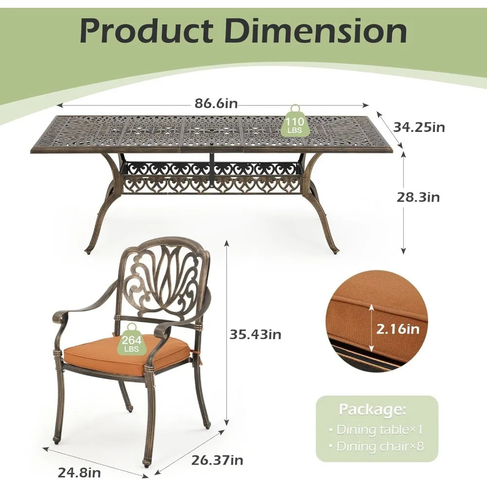 Hi End All Aluminum Patio Furniture Set 9 Piece Outdoor Dining Set with 8 Cushioned Dining Chairs Metal Patio Furniture Set - Happy Home Retreat
